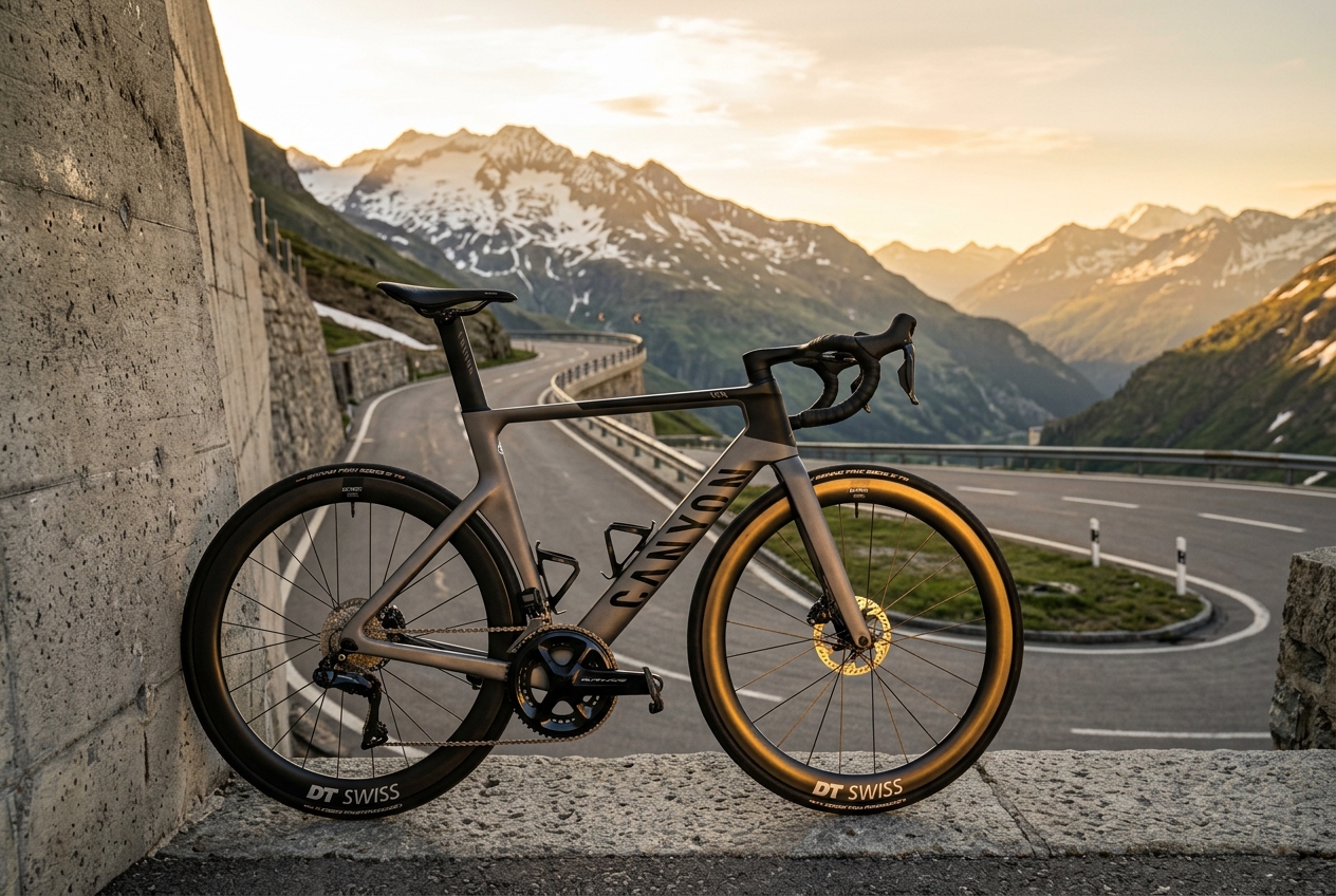 Matte raw carbon aero racing bicycle leaning on alpine road wall at sunrise